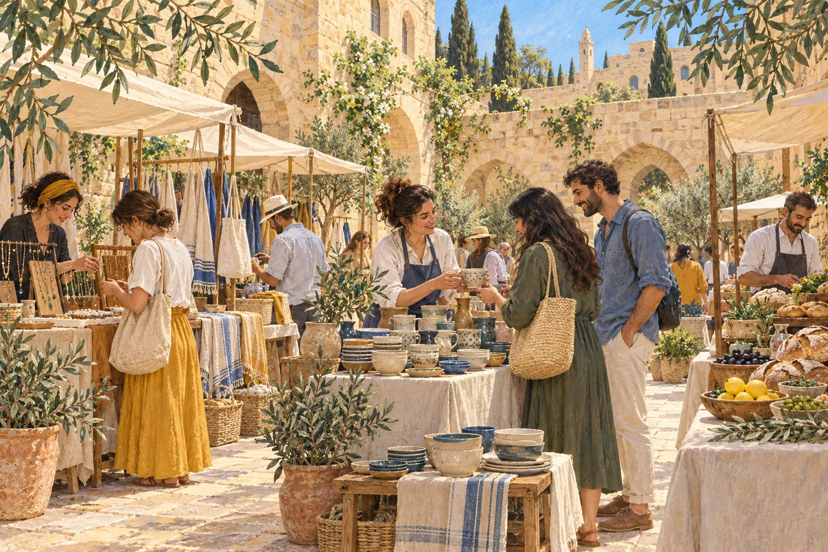 איור של דוכני קרמיקה, טקסטיל ומזון מקומי בחצר ירושלמית