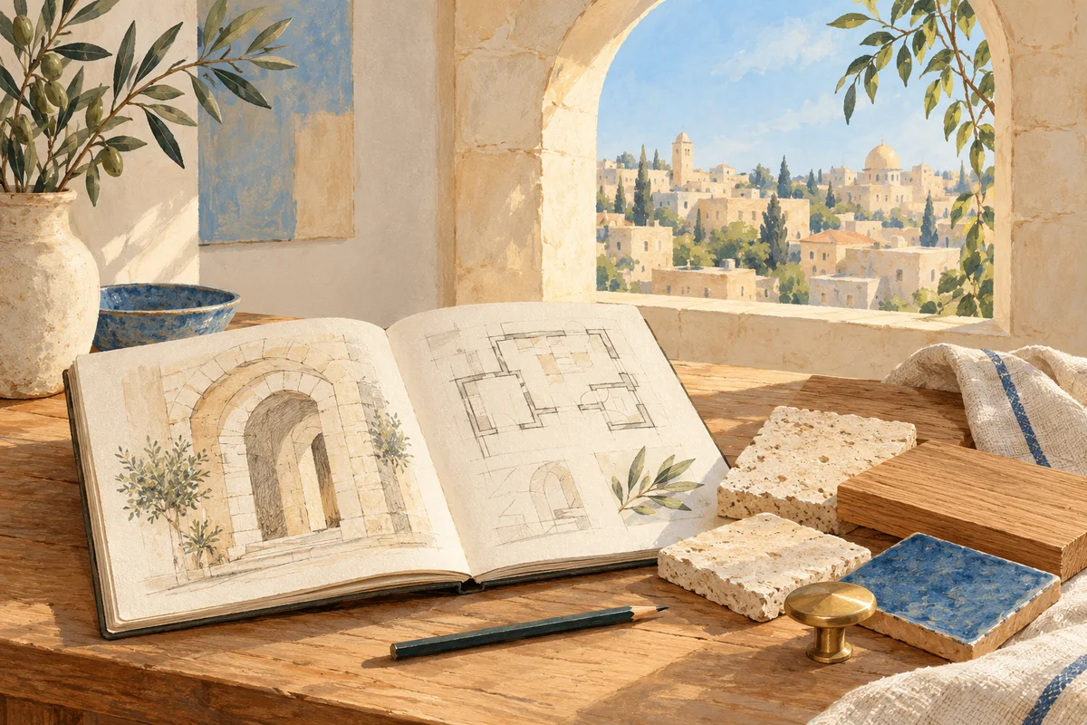 איור של מחברת רישומי אדריכלות ודוגמאות אבן, עץ וקרמיקה לצד חלון מקושת