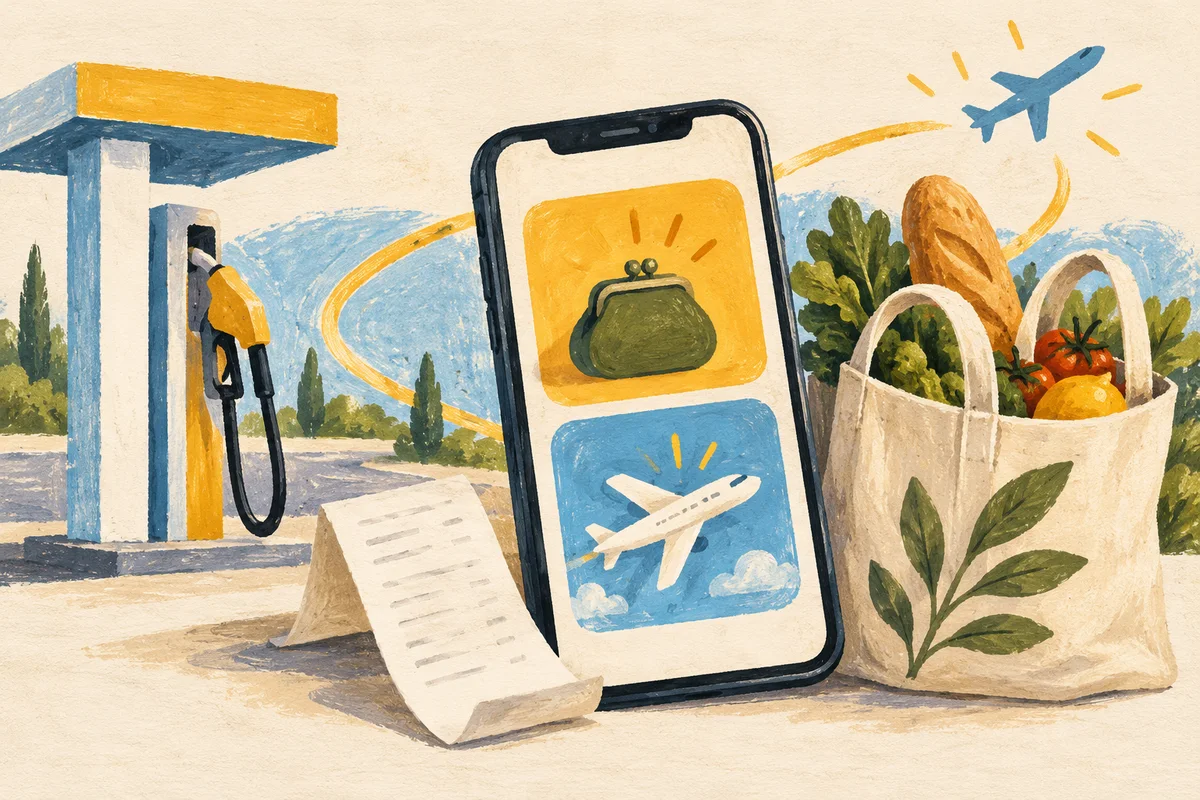 איור של טלפון עם סמלי ארנק ומטוס נפרדים, משאבת דלק ושקית קניות